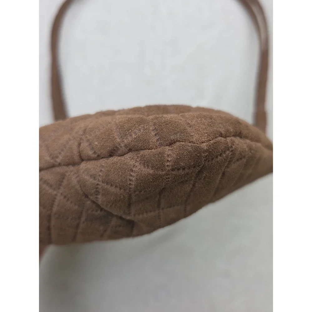 Vintage Ruth Saltz BROWN SUEDE Cougar Hinge Shoulder EVENING BAG Purse Tan Quilt